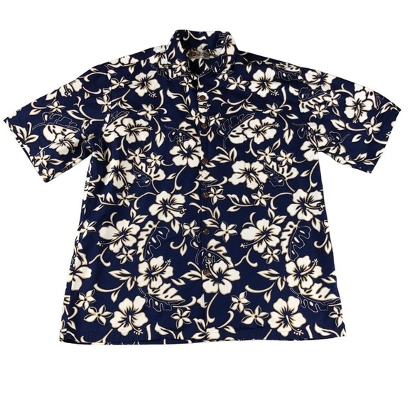 Hilo Hattie Mens Navy Blue Hawaiian Button Down Short Sleeve Shirt with pocket - Picture 1 of 8